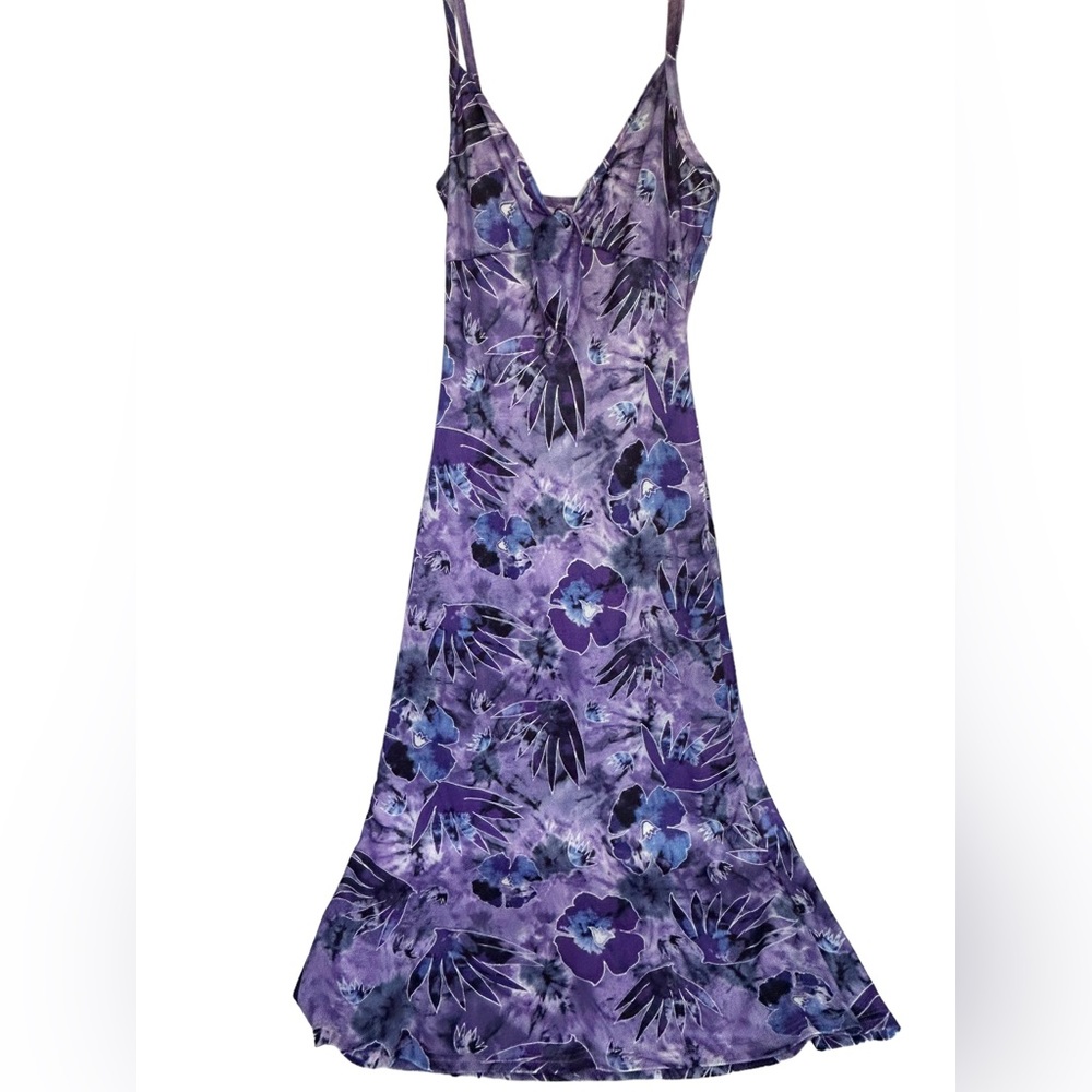 CLE Paris Maxi Halter dress Purple Tie Dye Floral Spaghetti Strap Summer Vintage